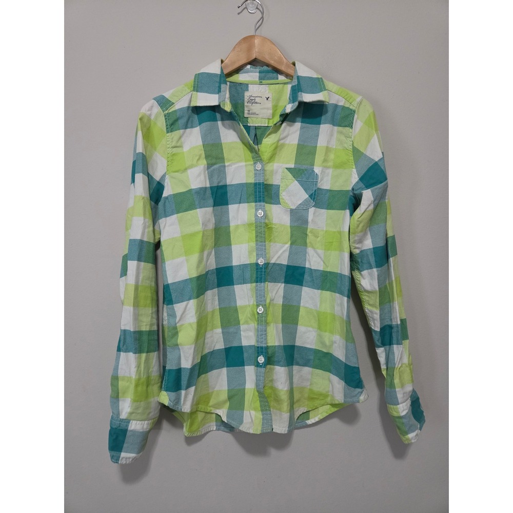 American Eagle Outfitters Green Teal Plaid Button Down Shirt Womens 10 Long Sl